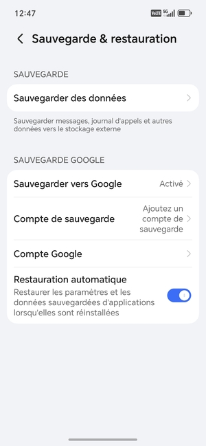 Sélectionnez Compte de sauvegarde
