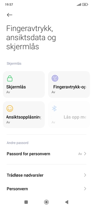For å aktivere skjermlåsen, gå tilbake til Fingeravtrykk, ansiksdata og skjermlås-menyen og velg Skjermlås
