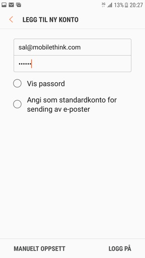 Skriv inn e-postadresse og passord. Velg MANUELT OPPSETT