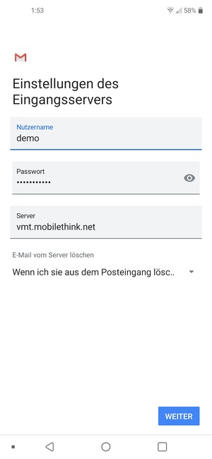Geben Sie Benutzername und die Server-Adresse für eingehende Post ein. Wählen Sie WEITER