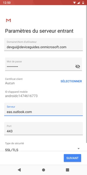 Saisissez votre Nom d'utilisateur et l'adresse du serveur Exchange. Sélectionnez SUIVANT