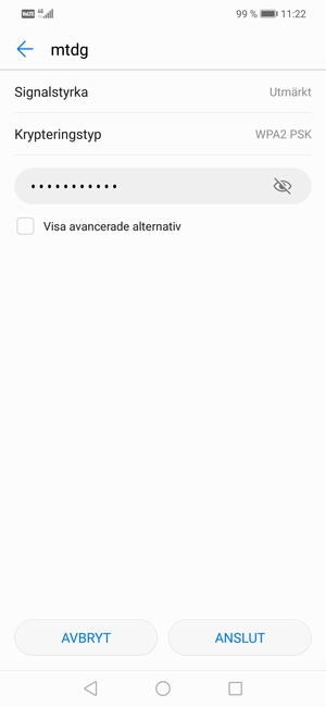 Ange lösenord till Wi-Fi och välj ANSLUT