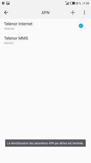 Votre téléphone va être réinitialisé avec les paramètres Internet et MMS par défaut