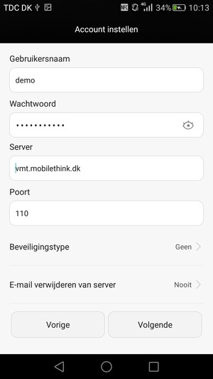 Voer Gebruikersnaam en binnenkomend serveradres in. Selecteer Volgende
