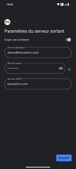 Saisissez l'adresse du serveur sortant et sélectionnez SUIVANT