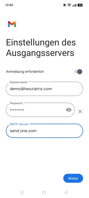 Geben Sie die Server-Adresse für ausgehende Post ein und wählen Sie Weiter