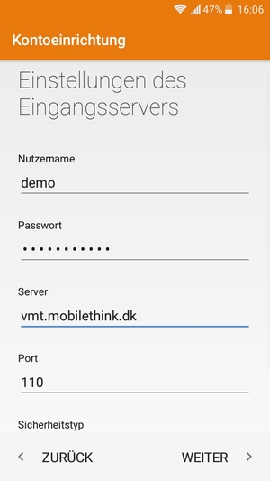 Geben Sie Benutzername und die Server-Adresse für eingehende Post ein. Wählen Sie WEITER