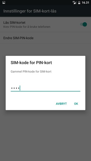 Skriv inn Gammel PIN-kode for SIM-kort og velg OK