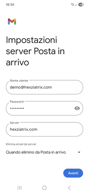 Inserisci Nome utente e l'indirizzo del server di posta in arrivo. Seleziona Avanti
