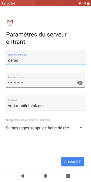 Saisissez votre Nom d'utilisateur et l'adresse du serveur entrant. Sélectionnez SUIVANTE