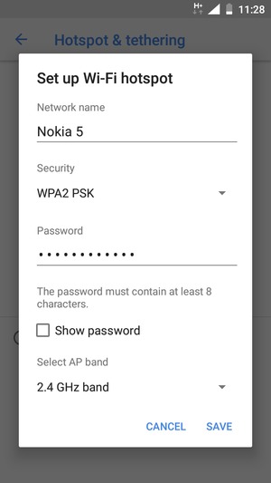 Enter a Wi-Fi hotspot password of at least 8 characters and select SAVE