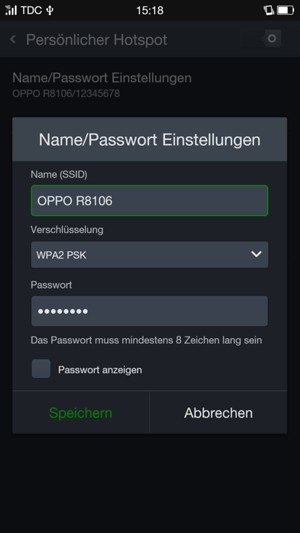 Geben Sie eine WLAN-Hotspot-Passwort mit mindestens 8 Zeichen ein und wählen Sie Speichern