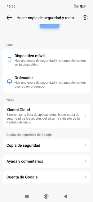 Desplácese y seleccione Copia de seguridad