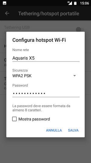 Inserisci una password dell'hotspot Wi-Fi di almeno 8 caratteri e seleziona SALVA