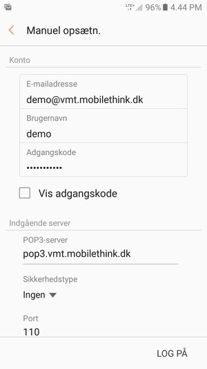 Indtast Brugernavn og Indgående serveradresse