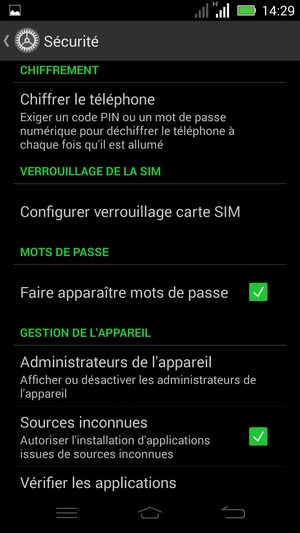 Pour modifier le code PIN de la carte SIM, retournez dans le menu Sécurité et sélectionnez Configurer verrouillage carte SIM