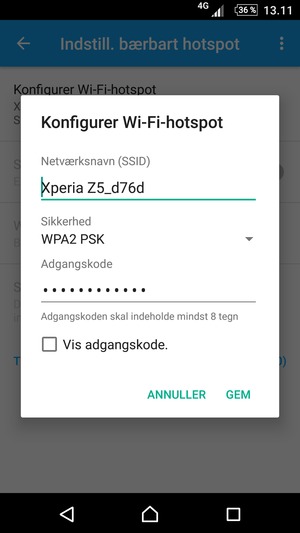 Indtast en Wi-Fi-hotspot adgangskode på minimum 8 tegn og vælg GEM