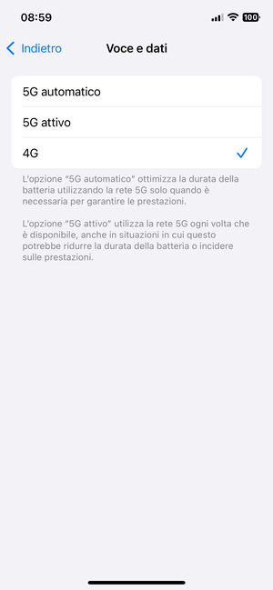 Per abilitare 4G, seleziona 4G