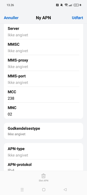 Scroll ned og indtast internet-oplysninger