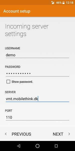 Enter Username and Incoming server address. Select NEXT