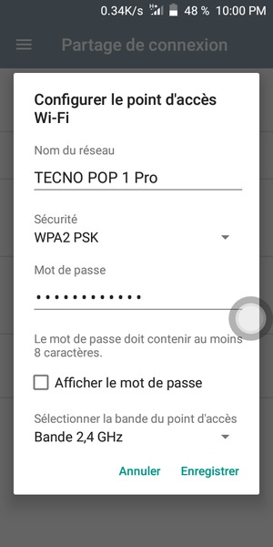 Saisissez un mot de passe de hotspot Wi-Fi d'au moins 8 caractères et sélectionnez Enregistrer