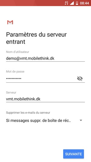 Saisissez votre Nom d'utilisateur et l'adresse du serveur entrant. Sélectionnez SUIVANTE
