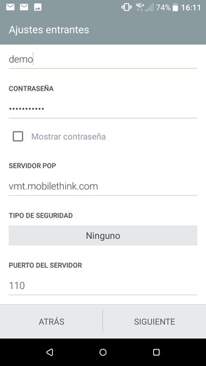 Introduzca la dirección de servidor entrante y seleccione SIGUIENTE