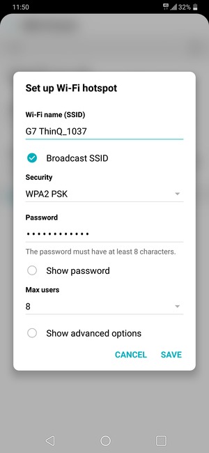 Enter a Wi-Fi hotspot password of at least 8 characters and select SAVE
