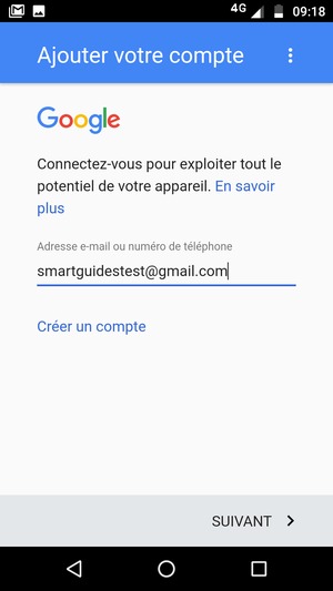 Saisissez votre adresse Gmail et sélectionnez SUIVANT