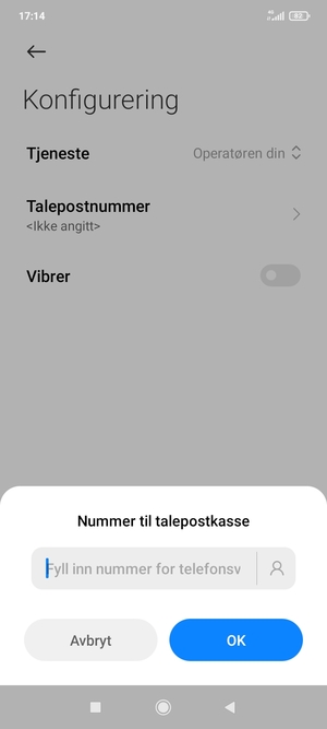 Skriv inn Nummer til talepostkasse og velg OK