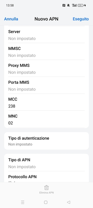 Scorri verso il basso e inserisci le informazioni di internet