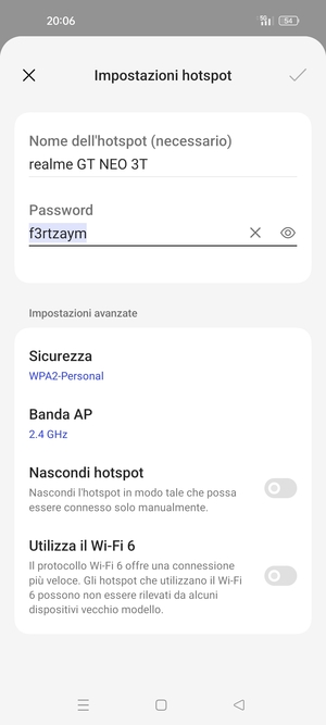 Inserisci una password dell'hotspot Wi-Fi di almeno 8 caratteri e seleziona OK