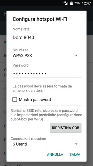 Inserisci una password dell'hotspot Wi-Fi di almeno 8 caratteri e seleziona SALVA