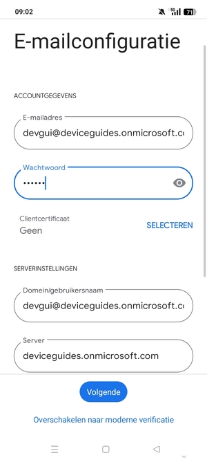 Voer Gebruikersnaam en Exchange serveradres in. Selecteer Volgende
