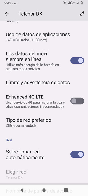 Desplácese  y seleccione Tipo de red preferido