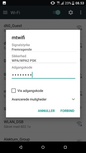 Indtast Wi-Fi adgangskoden og vælg FORBIND