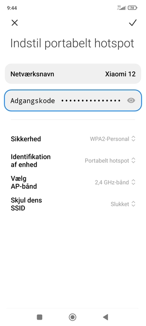 Indtast en Wi-Fi-hotspot adgangskode på minimum 8 tegn og vælg GEM