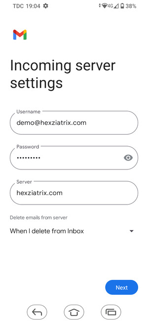 Enter Username and Incoming server address. Select Next