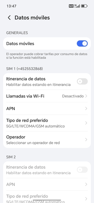 Desplácese a SIM 1 o SIM 2 y seleccione Tipo de red preferido