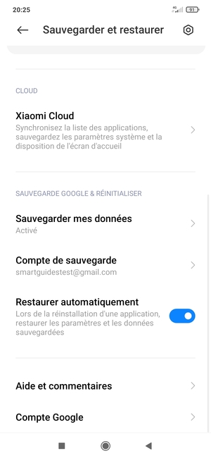 Sélectionnez Compte de sauvegarde