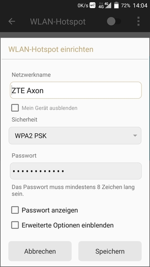 Geben Sie eine WLAN-Hotspot-Passwort mit mindestens 8 Zeichen ein und wählen Sie Speichern