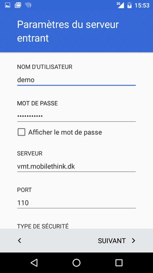 Saisissez votre Nom d'utilisateur et l'adresse du serveur entrant