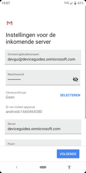 Voer Gebruikersnaam en Exchange serveradres in. Selecteer VOLGENDE