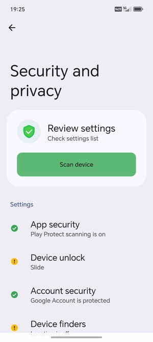 To activate your screen lock, go to the Security and privacy menu and select Device unlock