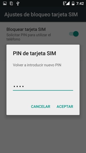 Confirme su nuevo PIN de tarjeta SIM y seleccione ACEPTAR