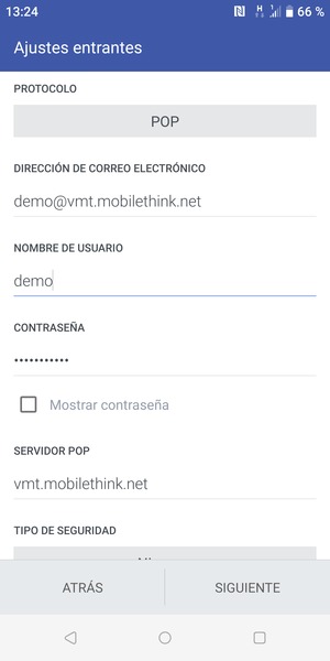 Introduzca Nombre de usuario y la dirección de servidor entrante. Seleccione SIGUIENTE