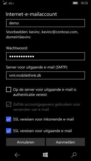 Haal het vinkje uit het Op de server voor uitgaande e-mail is authenticatie vereist selectievakje. Selecteer Aanmelden