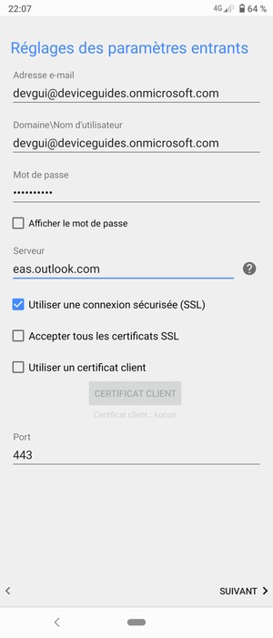 Saisissez votre Nom d'utilisateur et l'adresse du serveur Exchange. Sélectionnez SUIVANT