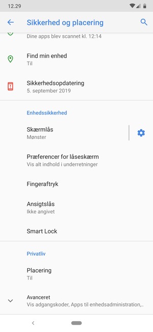 For at ændre PIN-koden til sim-kortet, scroll til og vælg Avanceret