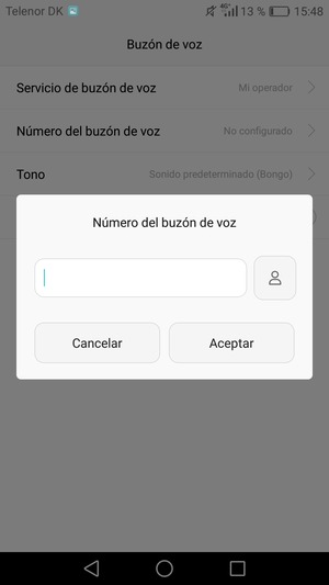 Introduzca el Número del buzón de voz y seleccione Aceptar